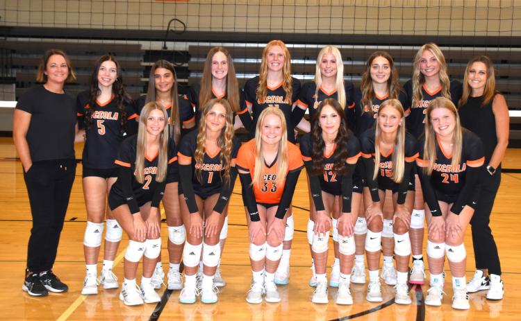 2024 Osceola volleyball: (front left to right) Halee Peterson, Emersyn Prososki, Janna Roberts, Alexis Burritt, Layla Page, Melinn Roberts; (back) Asst. Coach Amanda Hinkle, Camryn Peterson, Selah Gehring, Kimbree Page, Eastyn Kropatsch, Kenzie Bartling, Bella Recker, Graci Conkling, Head Coach: Cheri Prososki. PCN photo by Beth Sparrow.