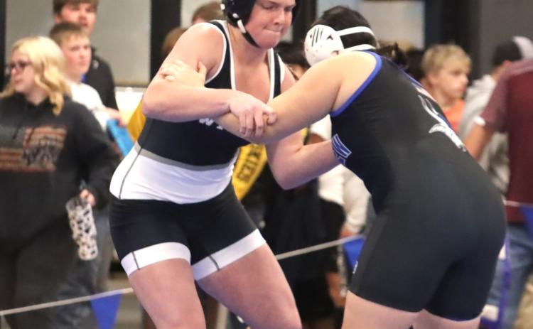 Cross County/Osceola senior Ema Dickey wins her first-ever match against Lakeview’s Aliyah Amos by pin in 3:28 at the Lakeview Invite. PCN file photo by Ken Kush