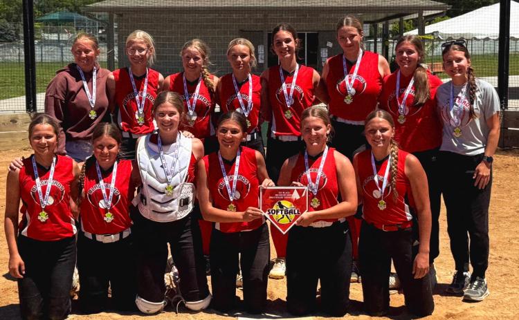 Gresham Blackbird 14U softball team went 1-2 at districts and qualified for Class D State tournament. Back row left to right: Coach Ava Fischer, Memmorie Singleton, Paisley Stelling, Bella Perkins, Mya Bartholomew, Lily Sams, Coach Danika Pohl, Coach Rylee Menze. Front row left to right: Baeli Meehan, Lynn Jurgensen, Kenzie Stoll, Sophia Prashek, Ashton Wolf, Taylor Pohl. Not pictured Ella Walford. Photo was provided