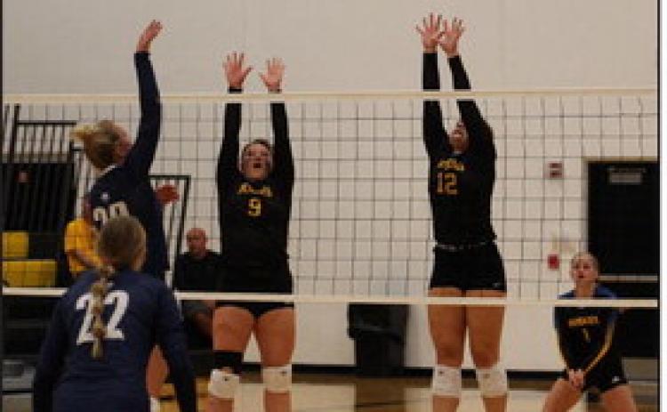 Top: Emma Svoboda and Ava Larmon (SRC) go up for the block against Lilly Peterson. Below: Sydney Hengelfelt gets the dig for