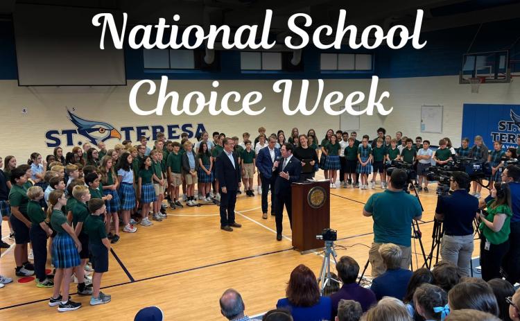 Rep. Mike Flood, Gov. Pillen and Rep. Adrian Smith gathered at St. Teresa School to celebrate National School Choice Week. Photo provided.