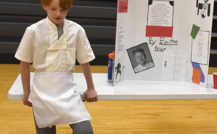 Top Middle- Osceola fifth graders created their own wax museum on Monday. Edwin Perkins is portrayed by Aaralyn Hernandez. Above- Easton Kruse takes on the roll of Gordon Ramsey. PCN photos by Beth Sparrow.