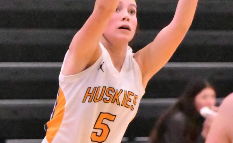 SRC junior Kaleigh Ruth launches the baseline jumper. PCN photo by Rick Holtz.