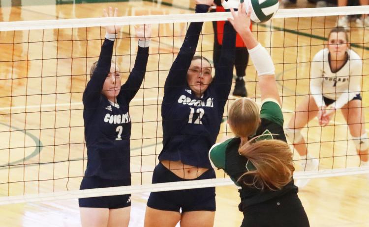 Above- Cross County sophomore Piyper Berggren (2) and senior Cortina Donnelly (12) combine on the block. Right- Cougars senior Ava Pruter attacks the Central City defense during Thursday’s match. PCN photos by Ken Kush