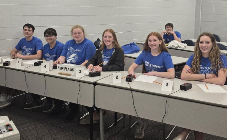 The High Plains quiz bowl team competed in districts in Columbus on Monday. Pictured is Garyt Lesiak, Jerry Carlson, Ellee Grigsby, Peyton Hofmann, Madi Zerr, and Rylee Hofmann. In the back is Bowdy Glasser. Photo provided.