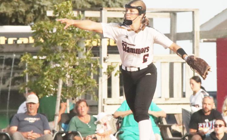Top- Polk County’s Olive Peterson fires the ball across the diamond from the infield against the Central City Bison. Below- SRC’s Ashlyn Long rips a home run in the district game at Beatrice against Lexington. PCN file photos by Ken Kush