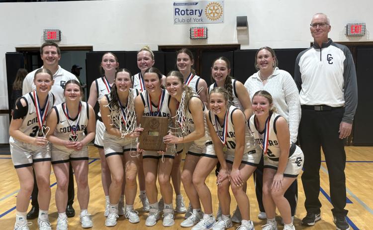 For the second year in a row, Cross County are the girls CRC champs. Pictured are (front) Kelsey Brehm, Beretta Webb, Adrienne Waller, Ella Clark, Edie Peterson, Olive Peterson, Delainey Cramer; (back) Coach Mitch Boshart, Jaelynn Wittgren, Hadley Larson, Zaldi VonHackewitz, Chloe Johnston, Coach Hayley Koch and Coach Kip Allison. PCN photo by Beth Sparrow.
