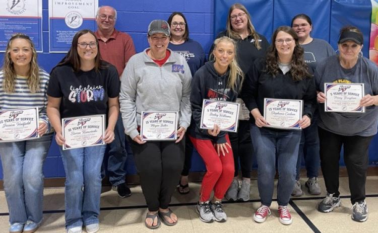 High Plains staff were recognized for being there for 5, 10, 15, 20 and 25 years. Pictured are Jessica Hatfield 10 yr, Sierra Konwinski 10 yr, Megan Buller 15 yr, Bailey Williams 5 yr, Stephanie Carlson 15 yr, Penny Bengston 5 yr, Mike Howell, Tabitha Rieken, Laura Hedrick and Sarah Engler. Photo provided.