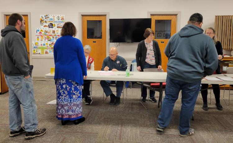 The nation went to the polls this week and Stromsburg and Polk County were no exception. Area residents had the opportunity to cast ballots at their local polling location. Poll workers in Stromsburg include Gayle Donelson, Timm Waller, Kendra Waller and Mary Jameson. PCN photo by Beth Sparrow