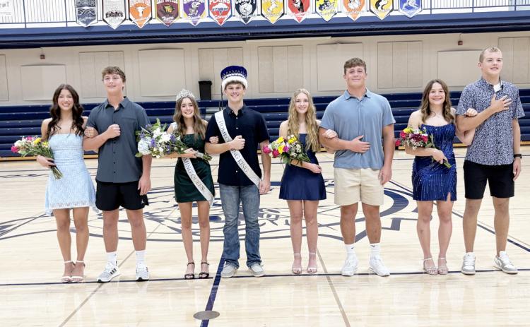 Cross County Homecoming Royalty for 2026 was (L-R); Saphira Osentowski, Gabe Nuttelman, Queen Ella Cramer, King Jed Berggren, Finley Peterson, Mason Quilhot, Ava Pruter, Benson Seim.PCN photo by Beth Sparrow