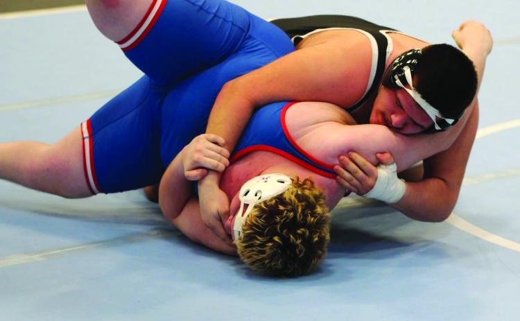 Brenden Gabel tries to pin his opponent at districts on Saturday. PCN photo by Travis Lane.