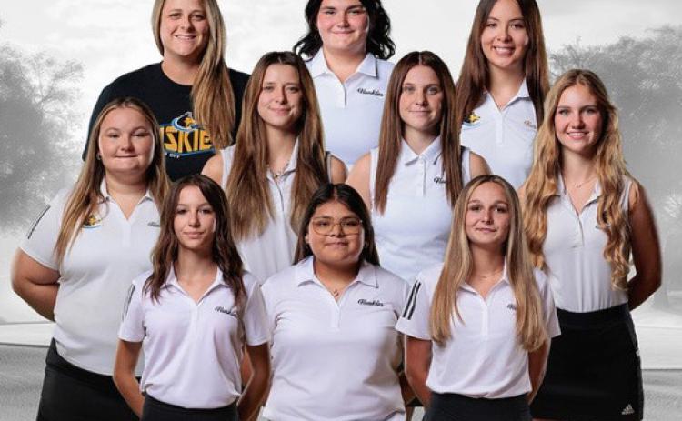 Shelby-RC Girls Golf team, front from left; KynnleeAnn Hamling, Melanie Sanchez Diaz, McKenzie Doles. Middle: Loralie Logan, Alexis Wetjen, Jessica Bauers, Charlotte Slusarski Back: Coach Sara Jensen, Brooklyn Sumner, Elva Velasco. Photo provided by Goc’s Creative Images