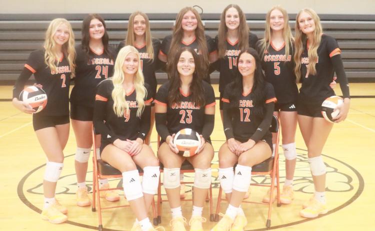 Members of the Osceola girls volleyball team include, front row (L-R); Kenzie Bartling, Bella Recker, Alexis Burritt. Back row; Halee Peterson,Allison Carlson, Kalisyn Prososki, Emily Conkling, Kimbree Page, Madi Kula, Layla Page. PCN photo by Ken Kush