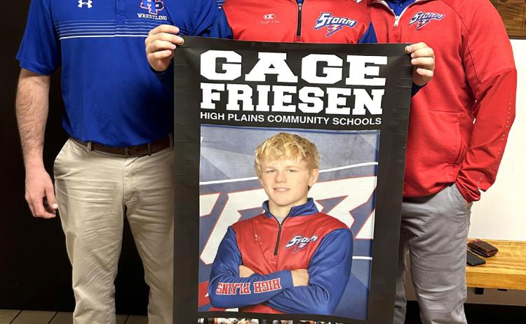 Gage Friesen accomplished his 100th career win in wrestling at conference on Friday. Friesen is a junior at High Plains. Photo provided.