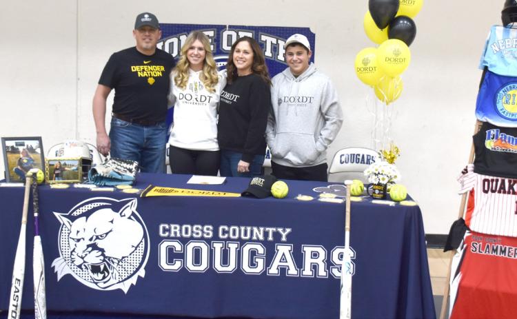 Cross County senior Mady Berggren will be attending Dordt University next fall. Pictured at her signing are; her dad Jeff, Mady, mom Amanda and brother Carter. PCN photo by Beth Sparrow.