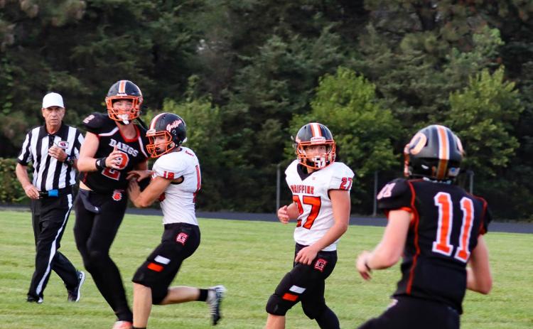 Braxton Mestl (#11) looks to receive a pass from Kale Gustafson (#2). PCN photo by Blaine Winslow.