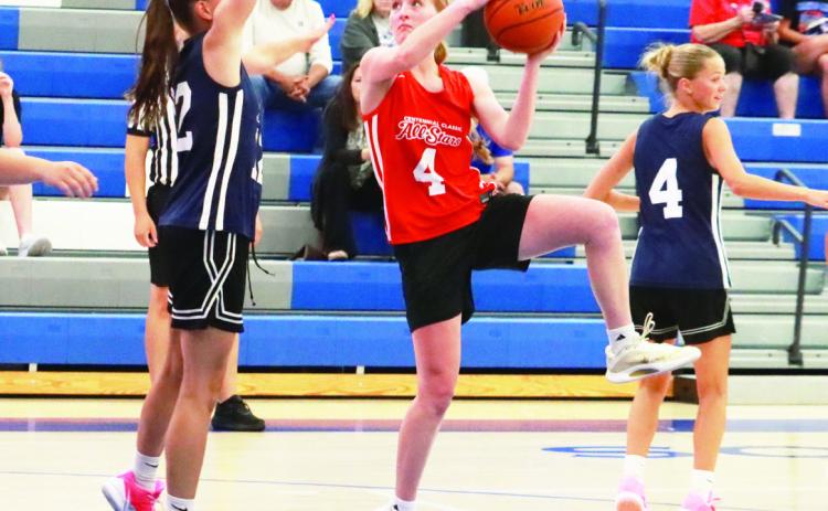 High Plain’s Peyton Hofmann gets off the lefthanded hook for two of her 10 points in Tuesday’s Centennial All-Star Classic. PCN photo by Ken Kush.