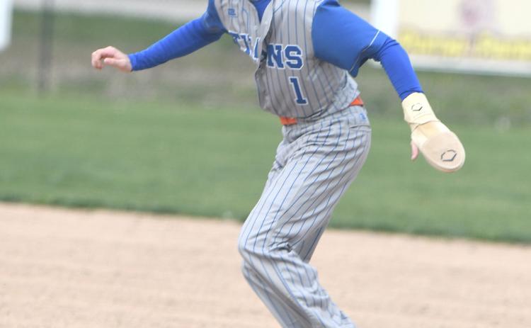 Brayden Santos takes a short lead off of first base after picking up a hit on Friday. PCN photo by Rick Holtz.