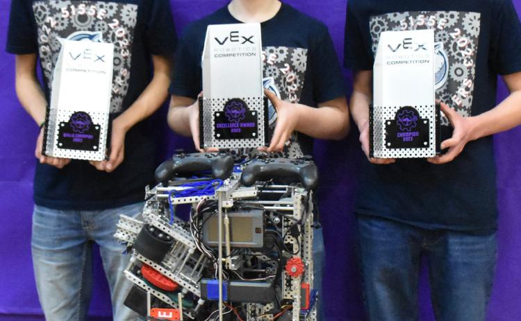 Teams 5155E, consisting of Sam Haug, Marshall Johansen and Talon Carter, were the tournament champion and also won the skills and excellence awards at the 'Clash on the Platte' in Grand Island on Saturday. PCN photo by Beth Sparrow