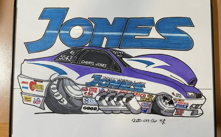 Above: A drawing by Rick Johnson of Monty Jones’ car was on the auction for the Nebraska Auto Racing Hall of Fame. Also Paul Jochim made each inductee a custom oil can with their name.