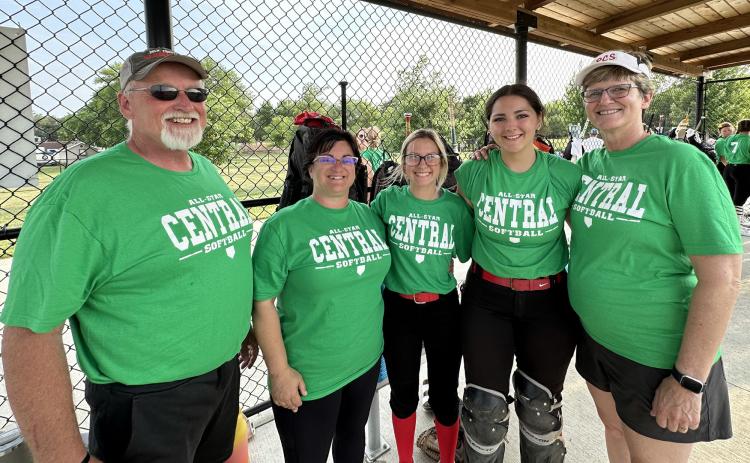 Coach Tom Schleif, Coach Carrie Swanson, Sierra Boden, Roberta Hines and Coach Laureen Powell represented the Polk County Slammers at the all-star game in Columbus. PCN photos by Rick Holtz