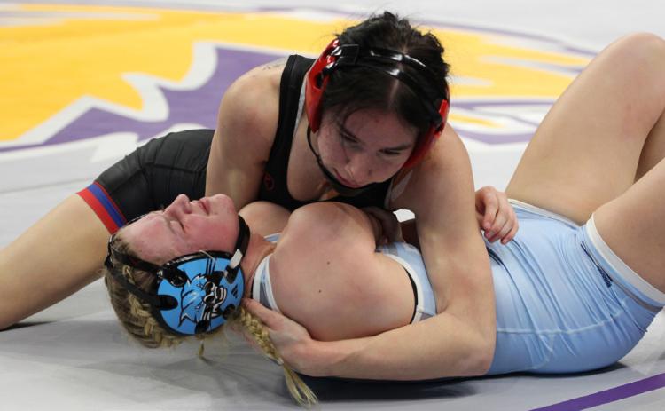 High Plains senior Dakota Gress pins Summerland’s Lilly Kester at the Nebraska Girls State Wrestling Tournament. Dakota went on to a fifth place finish at Class B 125 pounds. PCN photo by Travis Lane.