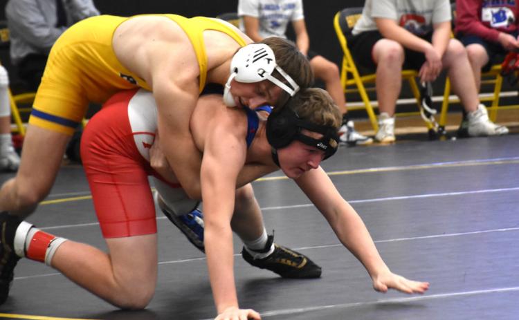 Jett Vrbka wrestles his opponent from Clarkson-Leigh. He pinned him in 1:16. PCN photo by Beth Sparrow.