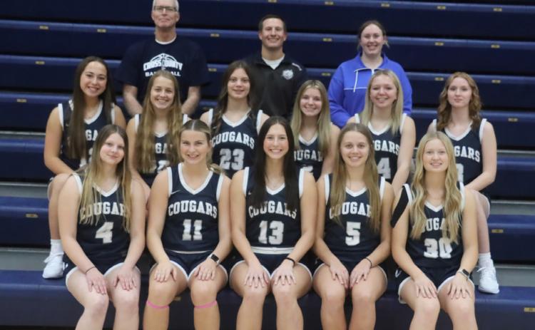 Members of the Cross County Girls Basketball team are; front (L-R)- Beretta Webb, Ella Clark, Adrienne Waller, Eden Peterson, Kelsey Brehm. Row 2- Chloe Johnston, Olive Peterson, Zaldi VonHackewitz, Delainey Cramer, Hadley Larson, Jaelynn Wittgren. Back row- coach Kip Allison, head coach Mitch Boshart, coach Hayley Koch. PCN photo by Ken Kush.
