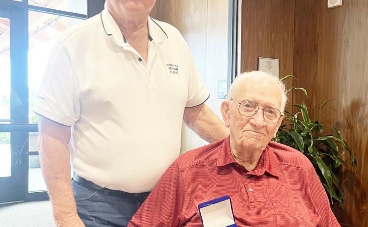 Don Miller of Legion Post 160 at Polk was recently presented the Korean War medal by Post Commander Brad Sundberg. Don served on the aircraft carrier USS Princeton (CV-37). He joined the Navy in 1950. Photo was provided.