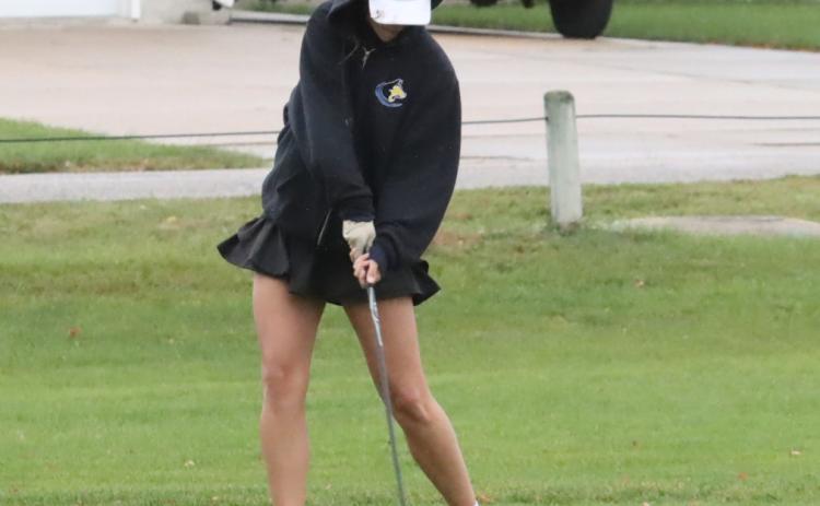 Shelby-RC senior Alexis Wetjen hits her first shot on her way to a 98 and a ninth place finish at the C2-4 District in Columbus at Quail Run. Wetjen’s score secured her spot in the Class C State Golf Tournament next week. PCN photo by Ken Kush.