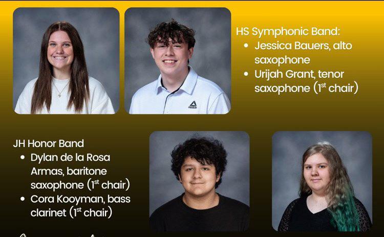 Class C Honor Band will include these Shelby-Rising City students: High school symphonic band - Jessica Bauers on alto sax and Urijah Grant on tenor sax. Junior high honor band - Dylan de la Rosa Armas on baritone sax and Cara Kooyman on bass clarinet. Graphic provided.