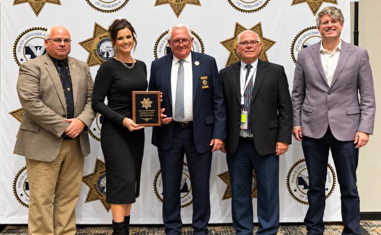 Above: Deputy Brittany McCracken (second from left) received the NSA Deputy of the Year award. With her is NSA Sheriff Gene Samuelson, McCracken, Sheriff Ladwig, Buffalo County Sheriff Miller and Nebraska Atty. Gen. Mike Hilgers. Photo provided.