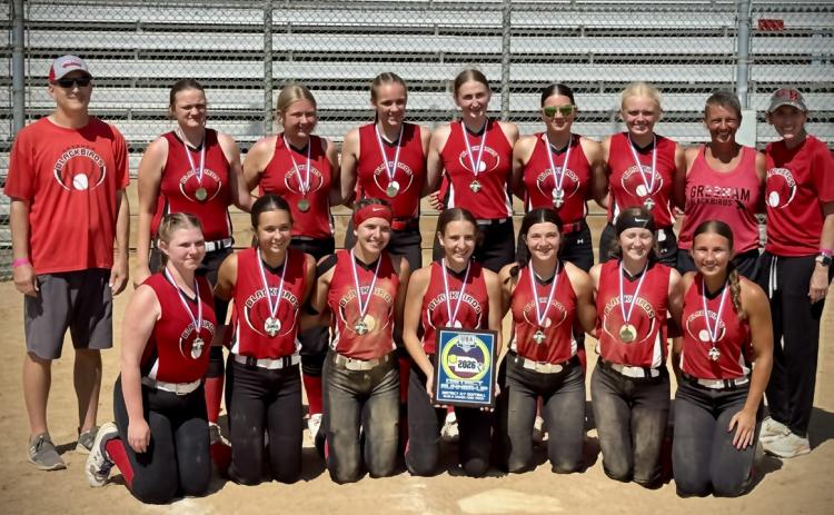Gresham Blackbird 18U softball team took 2nd place at districts with a record of 3-2 earning them a trip to Class C State tournament. Back row left to right: Coach Brett Menze, Faith Scamehorn, Ashtynn Redfield, Jaida Scamehorn, Riley Ziegler, Misty Noble, Lynly Leif, Coach Niki Kosek, Coach Amy Fischer. Front row left to right: Elizabeth Reed, Macy Dishman, Emery Menze, Kobie Kosek, Anna Warm, Nya Fischer, Paityn Scheele. Photo was provided.