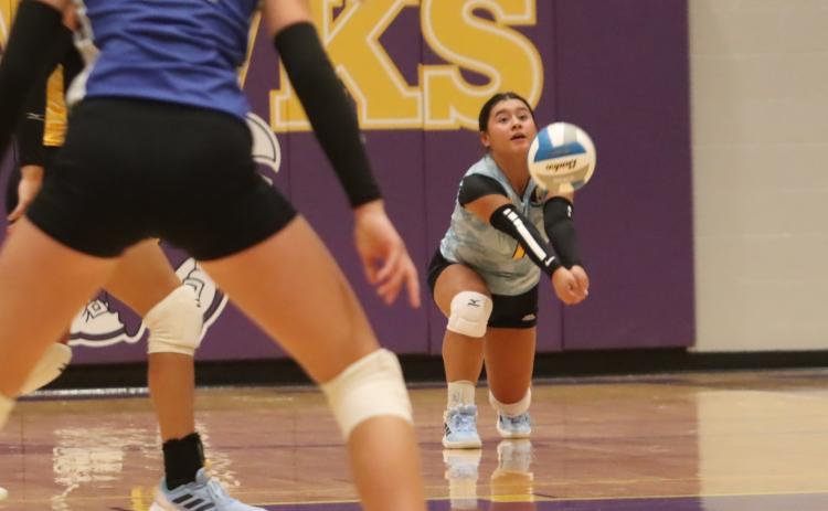 Shelby-RC sophomore Aleigha Escobar-Schaefer scoops up the serve receive in Thursday night’s game against Twin River. Escobar-Schaefer recorded 15 digs in the two game sweep. PCN photo by Ken Kush.
