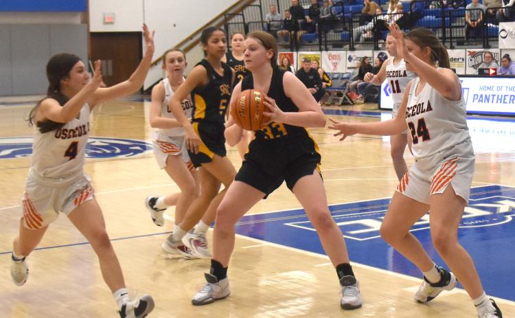Osceola's Rori Wieseman collapses the defense on Shelby-Rising City's Caydee Bauers in Saturday's matchup at the Crossroads Conference Tournament. PCN photo by Beth Sparrow