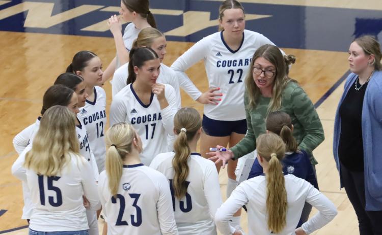 Despite falling behind to the state rated Shelton Bulldogs 2-0, Cross County head coach Emmie Finkral kept the Cougars focused and they fought back to record the reverse sweep and post a huge D-1 win. PCN photo by Ken Kush.