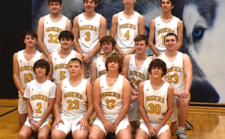 2023-24 Shelby-Rising City boys’ basketball team: (back row) Leighton Cromwell, Dalton Pokorney, Isaac Whitmore, Kasey Fischbach; (middle row) Jaxon Carter, Blake Schmidt, Gabe Dutton-Mofford, Logan Slusarski, Aiden Zimmerman; (front row) Noah Thelen, Layne Donner, Grant Eaton and Nixon Thelen. PCN photo by Beth Sparrow.