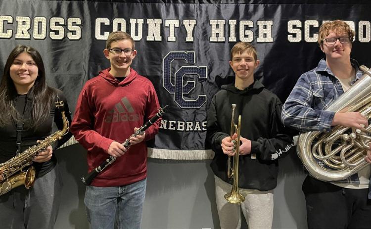 These four seniors were accepted for the Class C All State Honor Band. Pictured are Naima Ramirez (saxophone), Colton Duncan (clarinet), Matthew Frazier (trumpet) and Cannen Mooney (tuba). Photo provided.