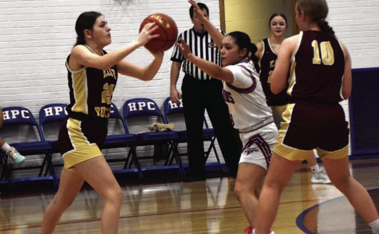 Gahvi Lesiak defends against Kadence Calahan (East Butler, formerly of SRC) and another Tiger. PCN photo by Beth Sparrow.