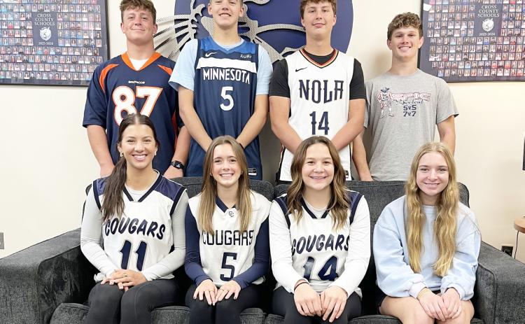 Homecoming candidates at Cross County include front from left: Saphira Osentowski, Ella Cramer, Ava Pruter, Finley Peterson. Back row: Mason Quilhot, Benson Seim, Gabe Nuttelman, Jed Berggren. Photo provided.