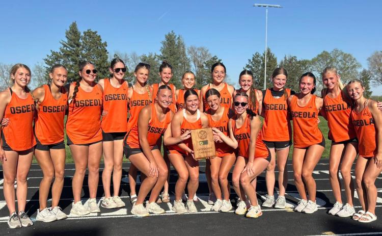 Osceola girls repeated as Crossroads Conference track champions. They also were team champs last year. Cross County came in runner up. Pictured are (front) Graci Conkling, Addison Theis, Ella Lemburg and Camryn Peterson; (back) Aubrey Peterson, Layla Page, Emily Conkling, Kimbree Page, Maggie Fritton, Allie Kula, Blaire Sanley, Bella Recker, Kalisyn Prososki, Chloe Schott, Alexis Burritt, Kenzie Bartling and Halee Peterson. Photo provided.