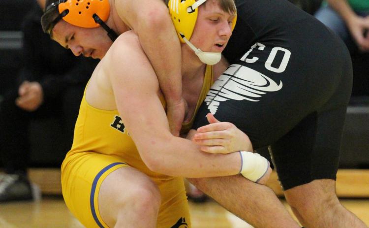 Coy Vrbka of Shelby-RC and Brenden Gabel of Cross County/ Osceola battle at the 285 weight class at the SRC Quad last Tuesday. Over the weekend Coy won the 215 pound bracket at the Central Valley Invite, while Brenden placed third at the Freeman Invite. PCN photo by Travis Lane.