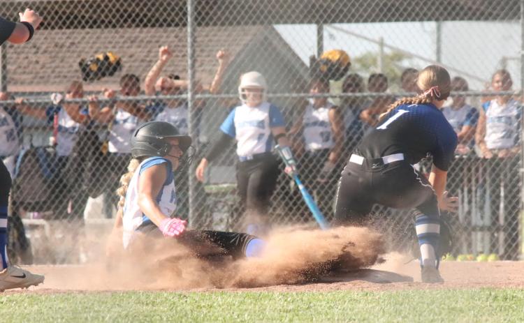 Blue River Panthers senior Danica Watts steals second base in the third inning of their opening game of the 2025 season. Watts stole two bases in the Panther 8-4 win over GACC. PCN photo by Ken Kush.