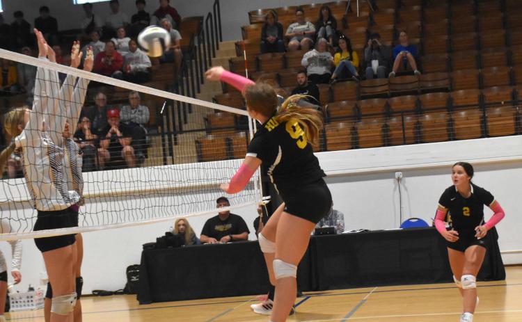 Emma Svoboda goes for the kill against Hampton on Saturday. PCN photo by Beth Sparrow.