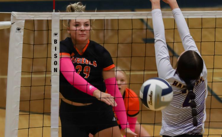 Graci Conkling kills the ball past the Hampton block on Saturday. PCN photo by Blaine Winslow.
