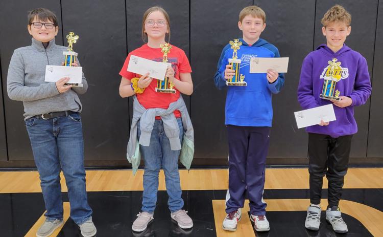 Fifth and sixth grade Spelling Bee winners include: First Jerry Carlson of High Plains (6th), second Brynn Wadas of High Plains (6th), third Mason Alexander of Osceola (5th) and fourth Braylon Duncan of Cross County (5th). PCN photos by Beth Sparrow