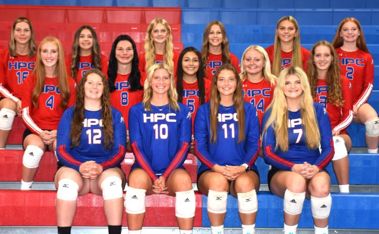 2024 High Plains volleyball: (front left to right) Allie Howell, Courtney Carlstrom, Rylee Ackerson, Emma Brown; (second row) Peyton Hofmann, Dakota Gress, Gahvi Lesiak, Kenslei Carlson, and Rylee Hofmann; (third row) Bailey Gress, Jacey Dubas, Tessa Morris, Kinley Spurling, HallieJo Urkoski and Madi Zerr. PCN photo by Beth Sparrow.