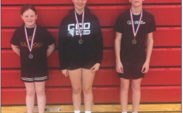 Three Osceola kids brought home medals from the regional Knights of Columbus free throw contest held in Albion. Left to right-Finley Jelinek second place in age 9 girls; Kaitlyn Baloun age 11 and Owen Bise age 13 both placed 1st and will head to state in Grand Island April 11. Photo provided.