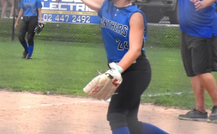 Olivia Adams throws the ball from first base. PCN file photo by Beth Sparrow.