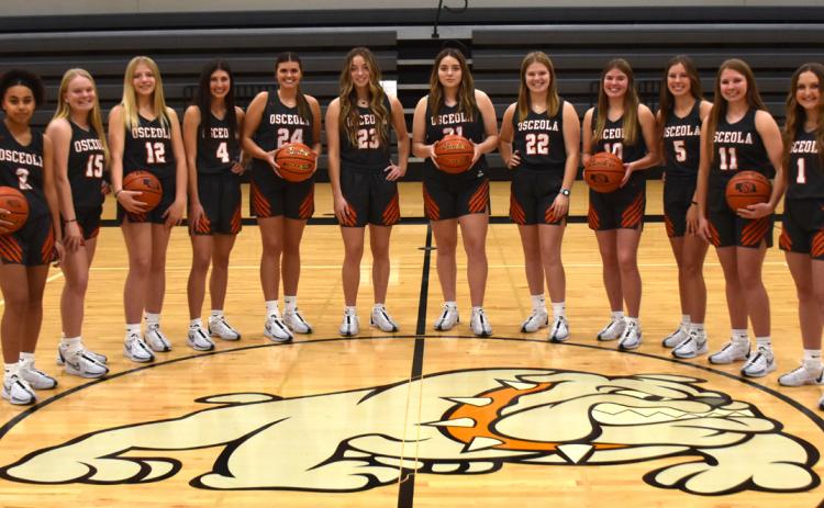 2023-24 Lady Bulldog Basketball team: Kylie Battle, Janna Roberts, KateLynn Beckman, Rori Wieseman, Courtney Sunday, Emma Recker, Bella Recker, Melinn Roberts, Addison Theis, Charisa Boden, Savanna Boden, and Emersyn Prososki. PCN photo by Beth Sparrow.